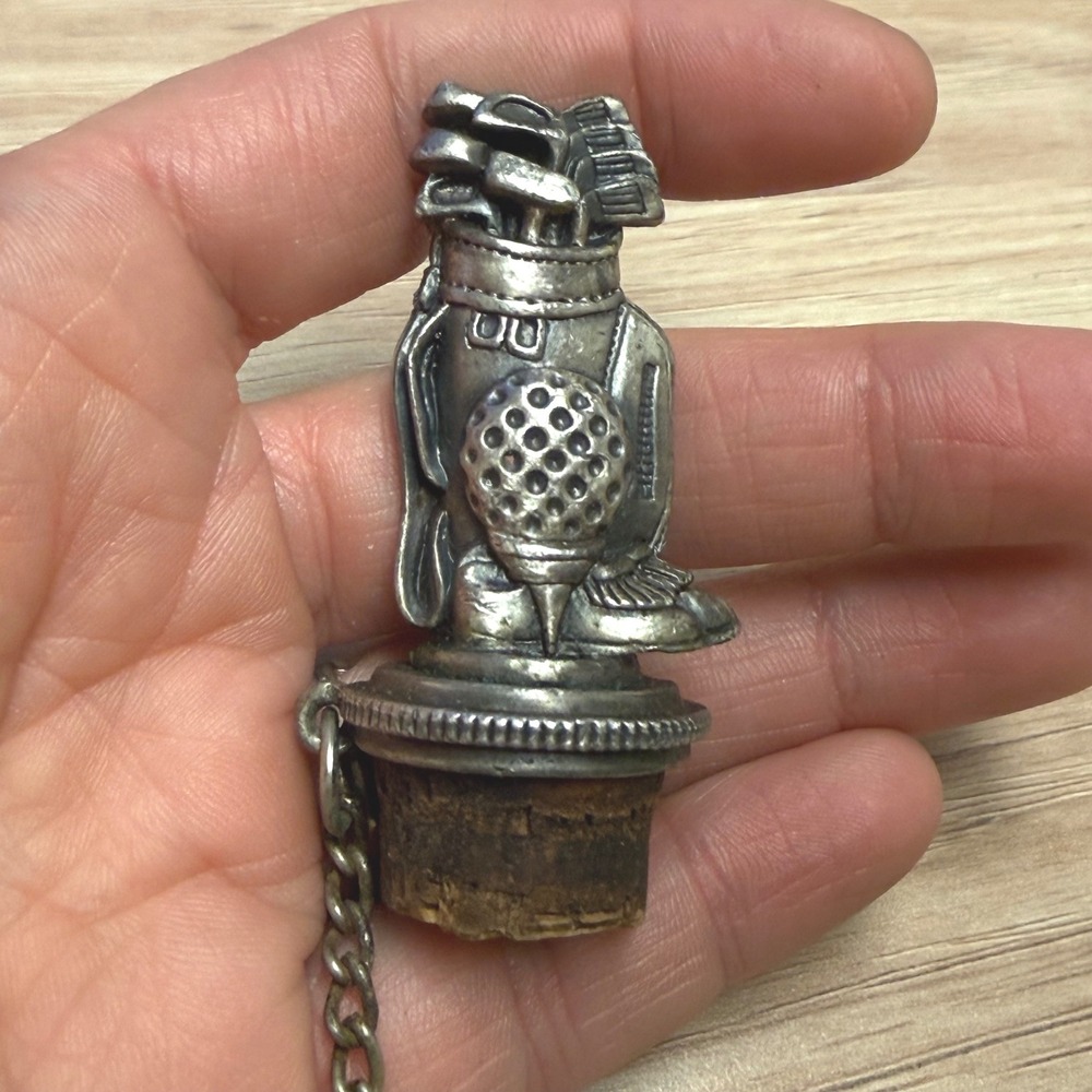 Vintage Golf Bag Bottle Stopper Silver Tone Metal Barware with Chain Cork Base